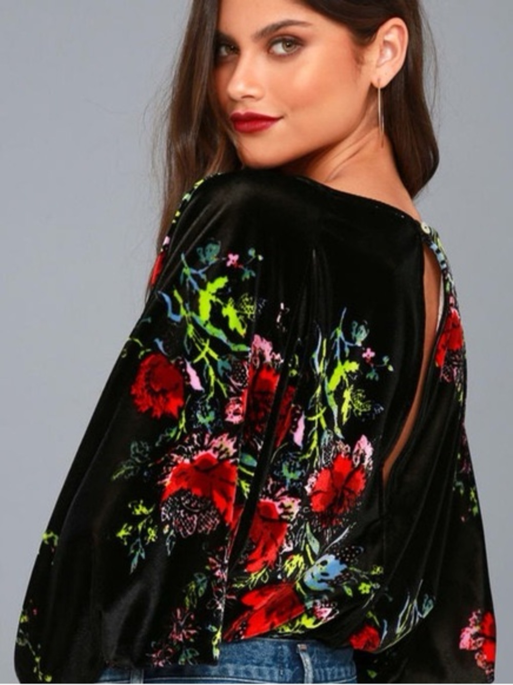 Free People Black Velvet Floral Bodysuit with Red and Green Accents